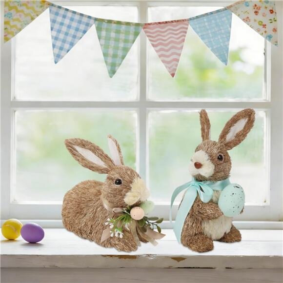 Set of 2 Easter Decorations Bunny Figurines with Eggs Spring Straw - Picture 4 of 14